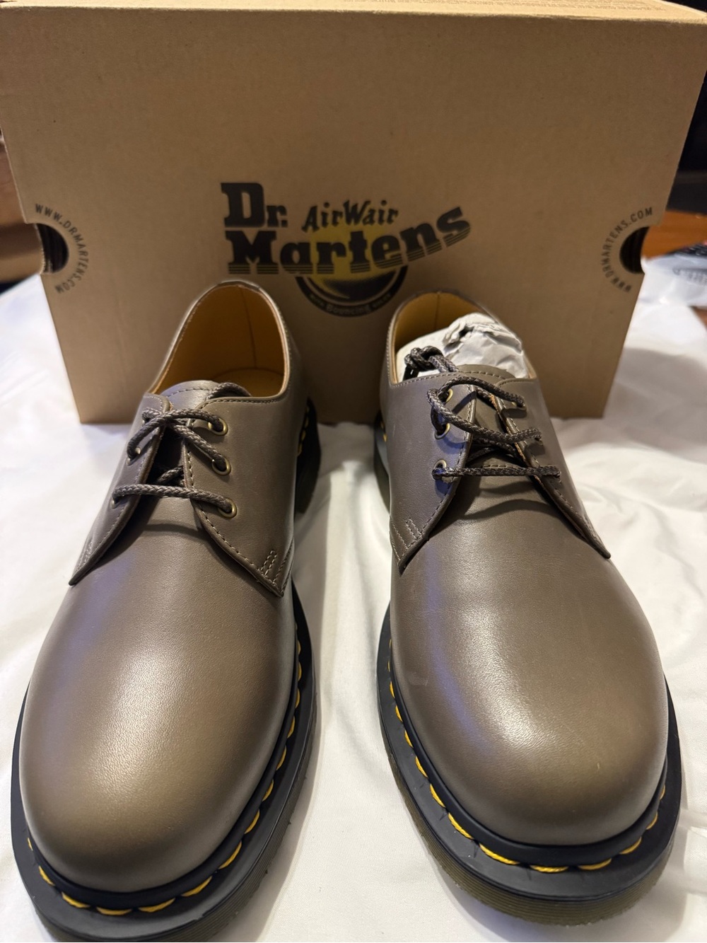 Dr. Martens Men's 3-Eye Derby Shoes in Taupe with Yellow Stitching